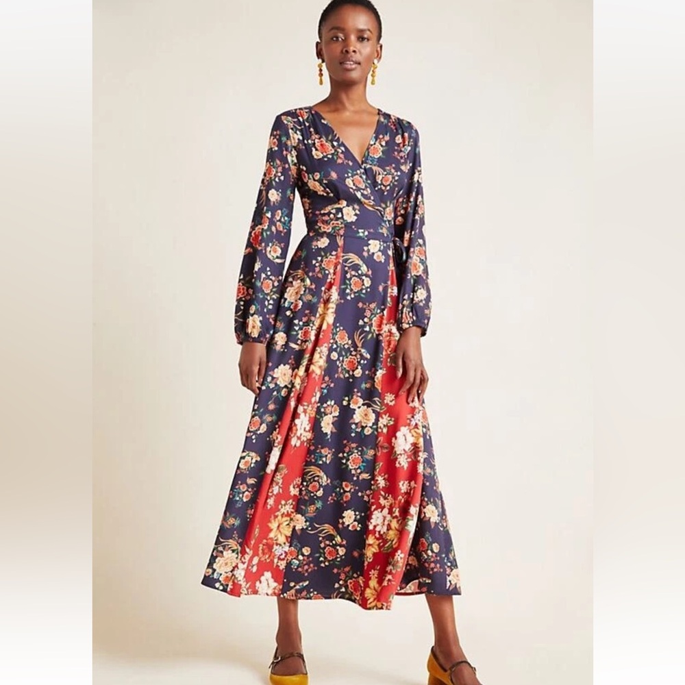 Farm Rio, Graciea navy Rust red floral wrapped dress petite small - Picture 1 of 10
